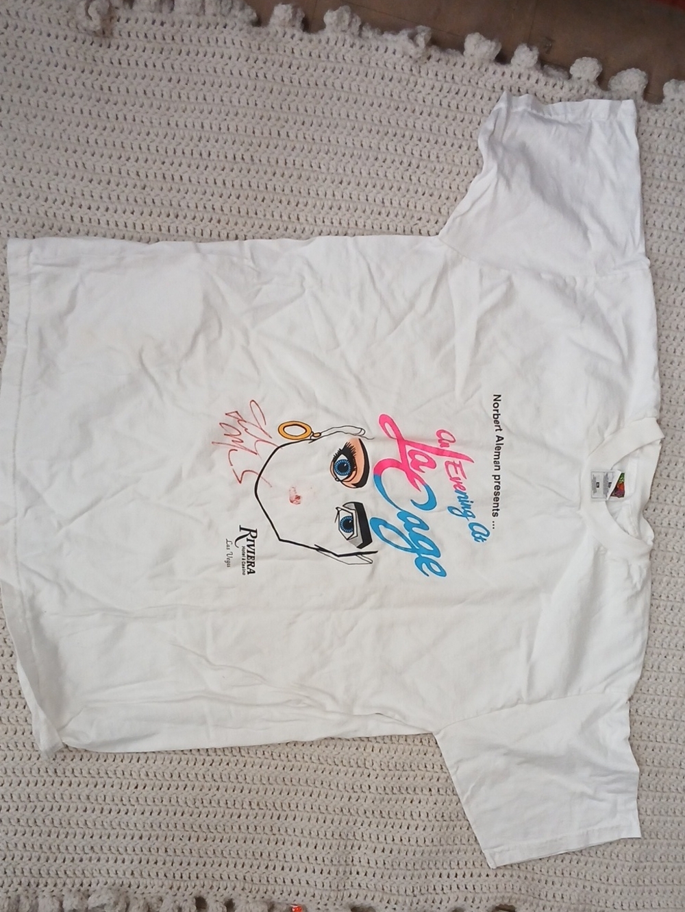Fruit of the Loom White Short Sleeve Tee with Pink & Blue Graphic